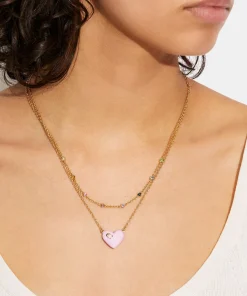 Necklaces*Coach Women's Enamel C Heart Double Chain Necklace - Gold/Pink Multi